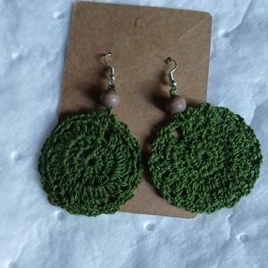 Handcrafted Green Crochet Drop Earrings with Wooden Bead Accent